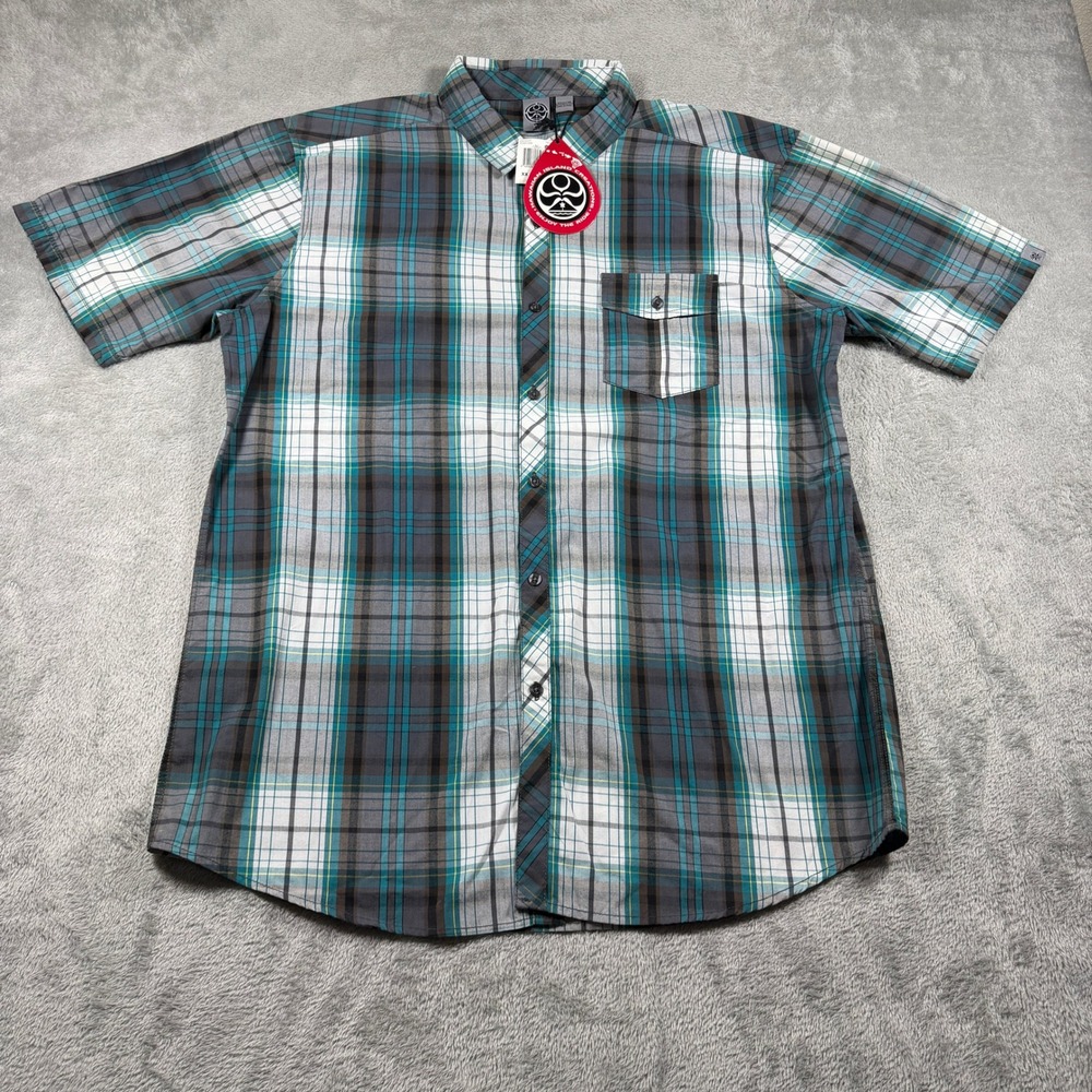 Vtg‎ Hawaiian Island Creations HIC Button Up Shirt Mens XXL Teal Plaid SS